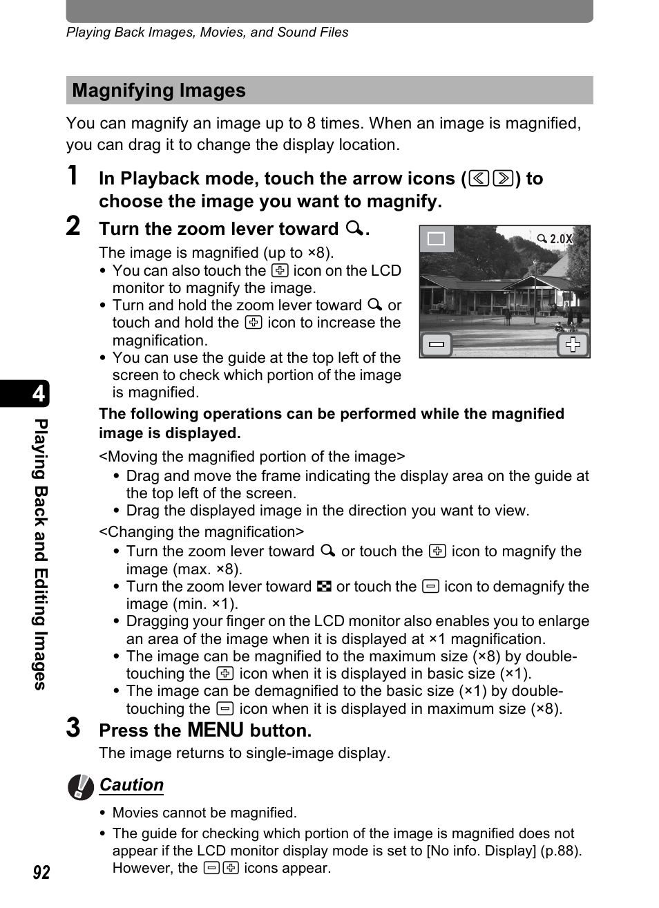 Magnifying images, P.92 | Pentax Optio T30 User Manual | Page 94 / 192
