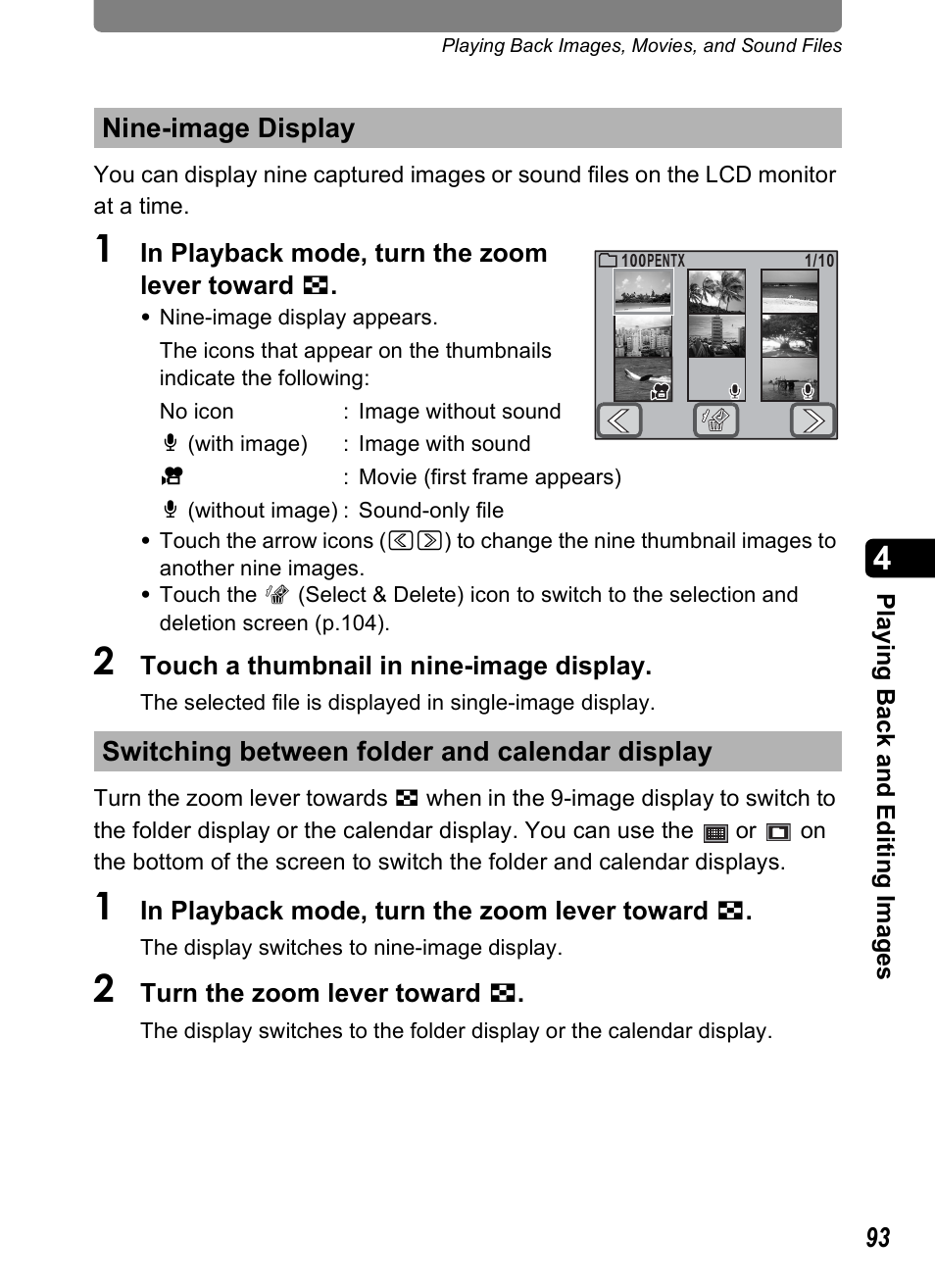 Nine-image display, Switching between folder and calendar display, P.93) | Pentax Optio T30 User Manual | Page 95 / 192