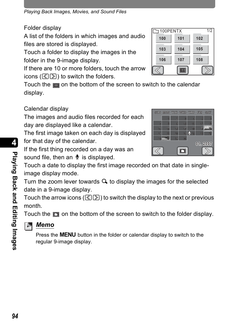 Playi ng b ack a nd e d iting ima g es, Playing back images, movies, and sound files | Pentax Optio T30 User Manual | Page 96 / 192