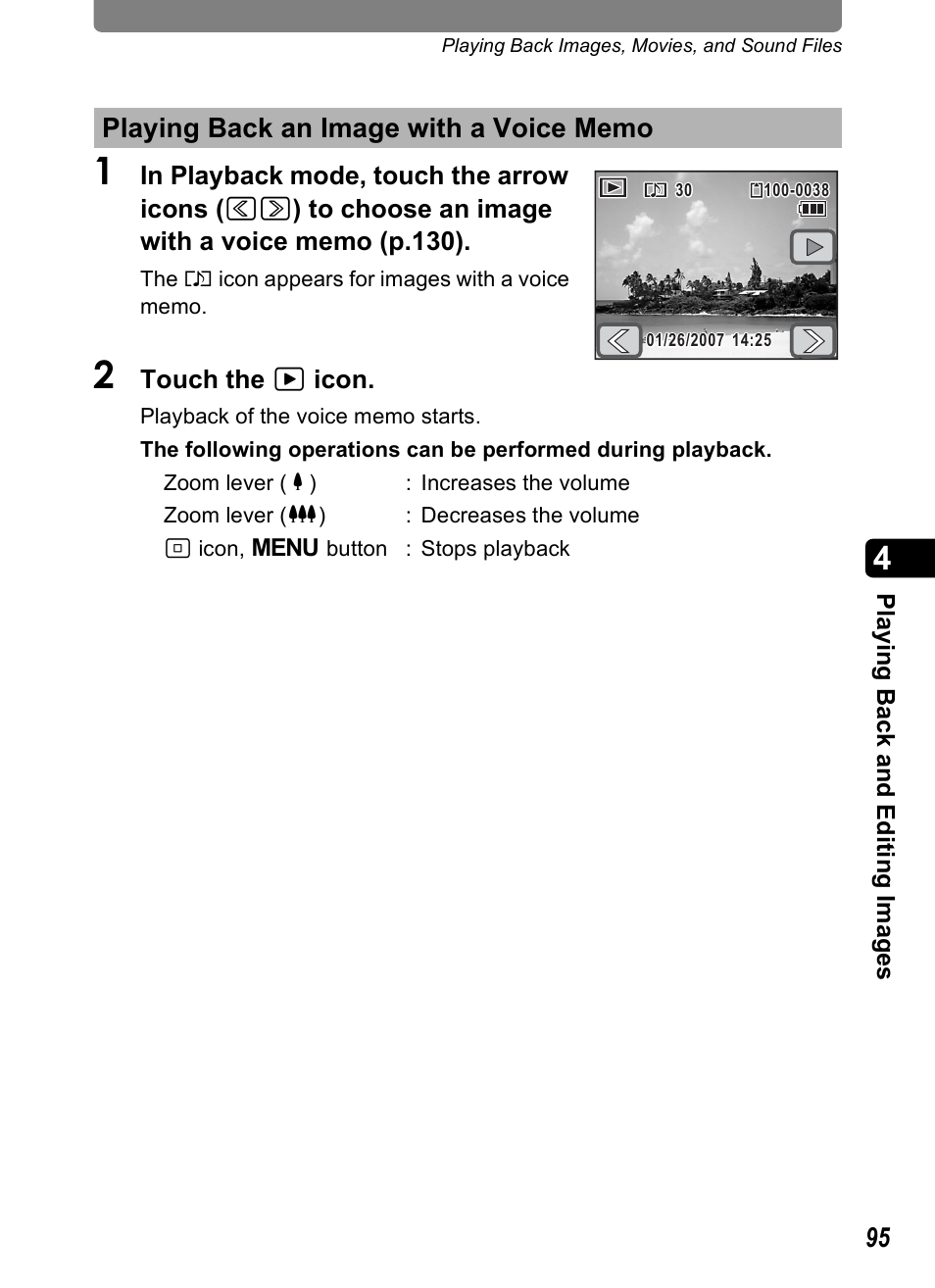 Playing back an image with a voice memo | Pentax Optio T30 User Manual | Page 97 / 192