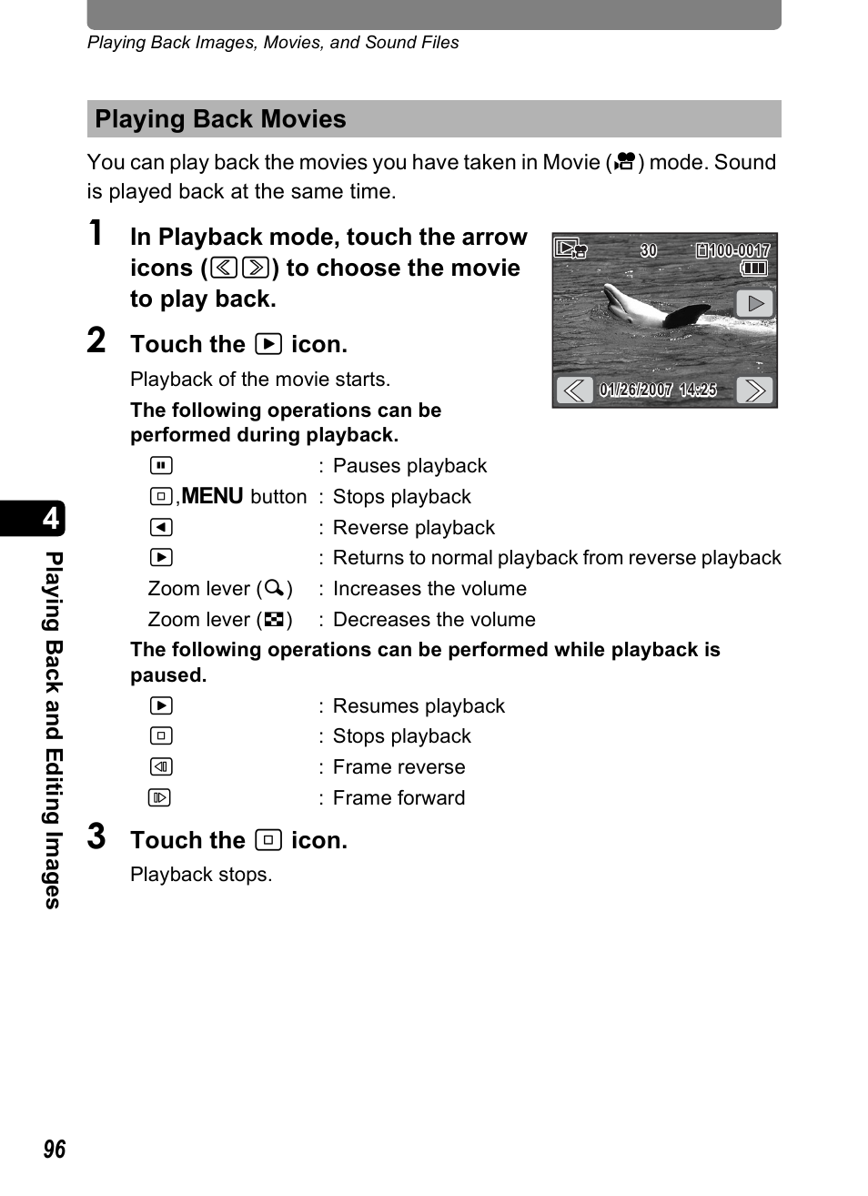 Playing back movies, P.96) | Pentax Optio T30 User Manual | Page 98 / 192