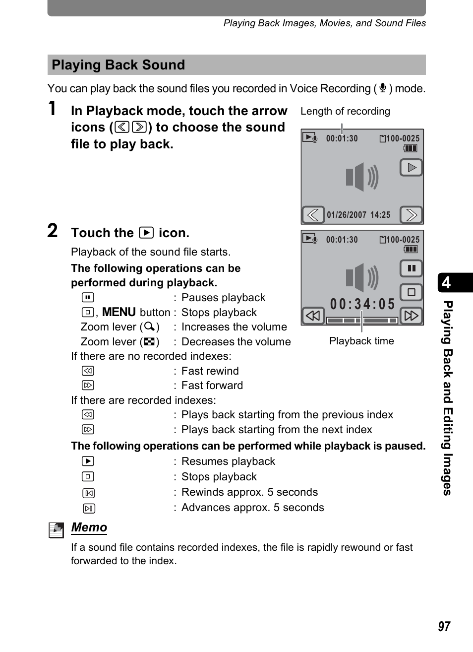 Playing back sound | Pentax Optio T30 User Manual | Page 99 / 192