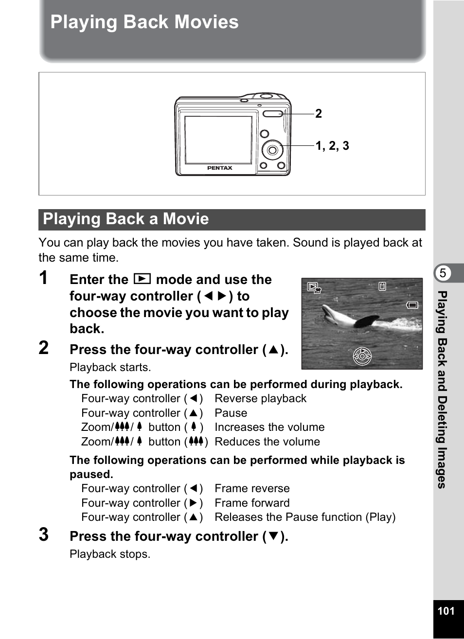 Playing back movies, Playing back a movie, P.101 | P.101) | Pentax OPTIO M10 User Manual | Page 103 / 168