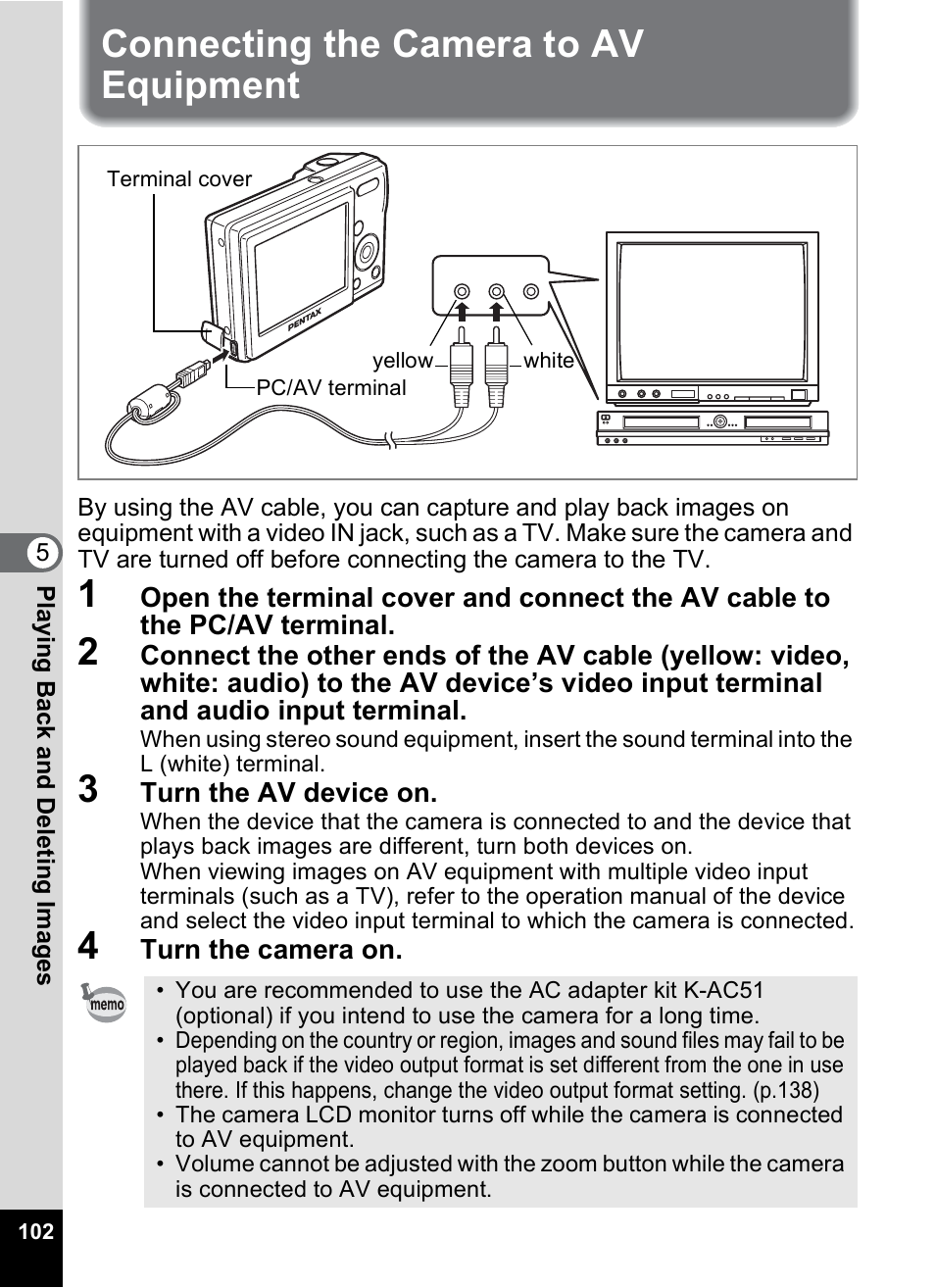 Connecting the camera to av equipment | Pentax OPTIO M10 User Manual | Page 104 / 168