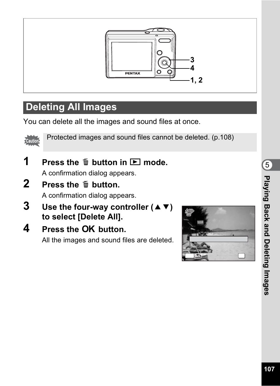Deleting all images | Pentax OPTIO M10 User Manual | Page 109 / 168
