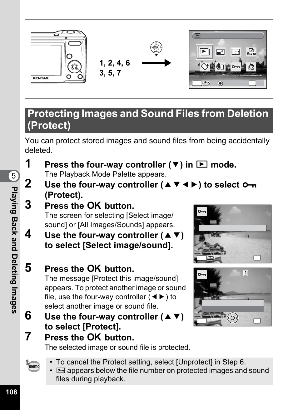 P.108, Press the four-way controller ( 3 ) in q mode, Press the 4 button | Pentax OPTIO M10 User Manual | Page 110 / 168