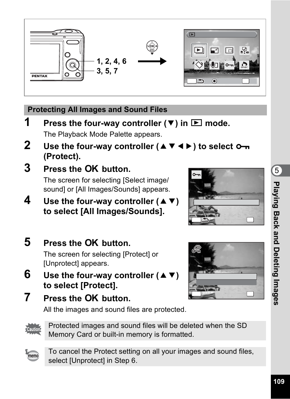 Press the four-way controller ( 3 ) in q mode, Press the 4 button | Pentax OPTIO M10 User Manual | Page 111 / 168