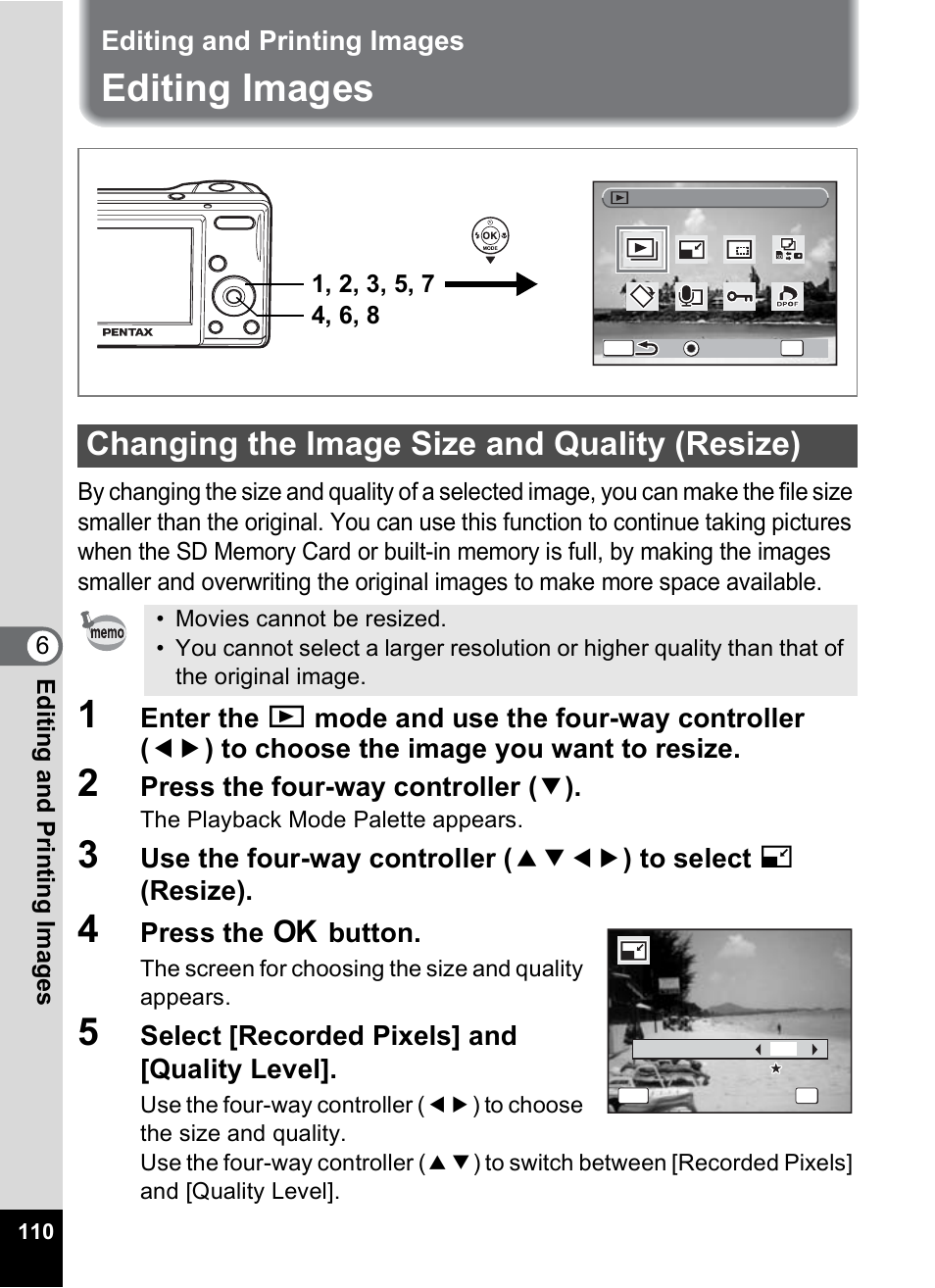 Editing and printing images, Editing images, Changing the image size and quality (resize) | P.110), P.110, Press the four-way controller ( 3 ), Press the 4 button, Select [recorded pixels] and [quality level | Pentax OPTIO M10 User Manual | Page 112 / 168