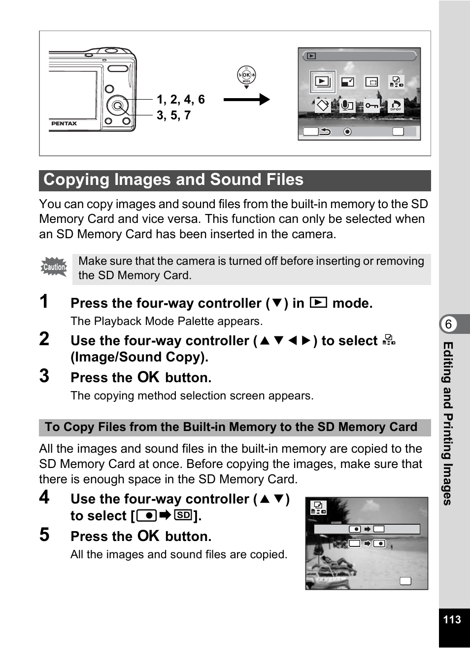 Copying images and sound files, P.113, Press the four-way controller ( 3 ) in q mode | Press the 4 button, Use the four-way controller ( 23 ) to select [ f | Pentax OPTIO M10 User Manual | Page 115 / 168