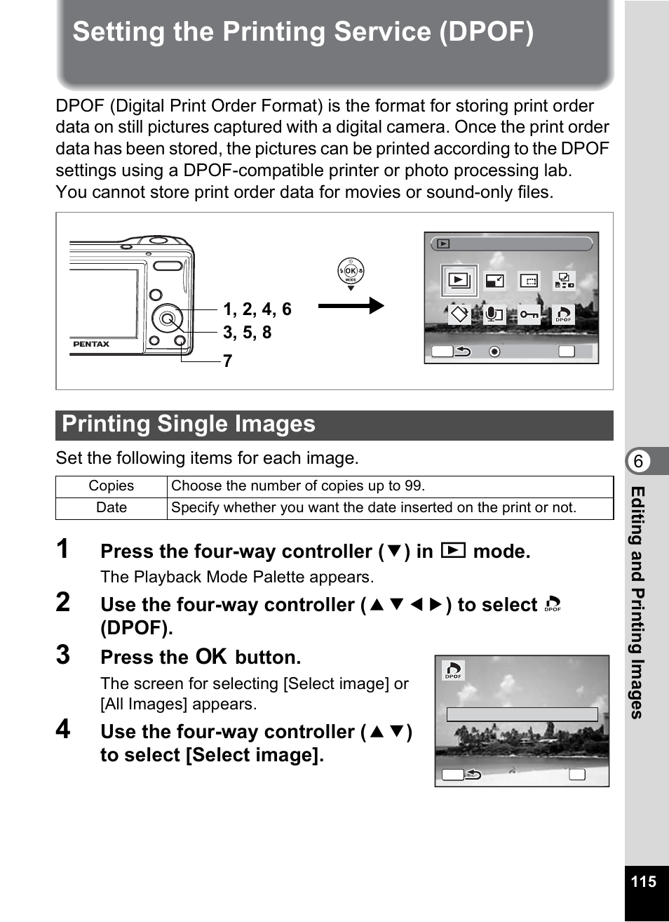 Setting the printing service (dpof), Printing single images, P.115 | Press the four-way controller ( 3 ) in q mode, Press the 4 button | Pentax OPTIO M10 User Manual | Page 117 / 168