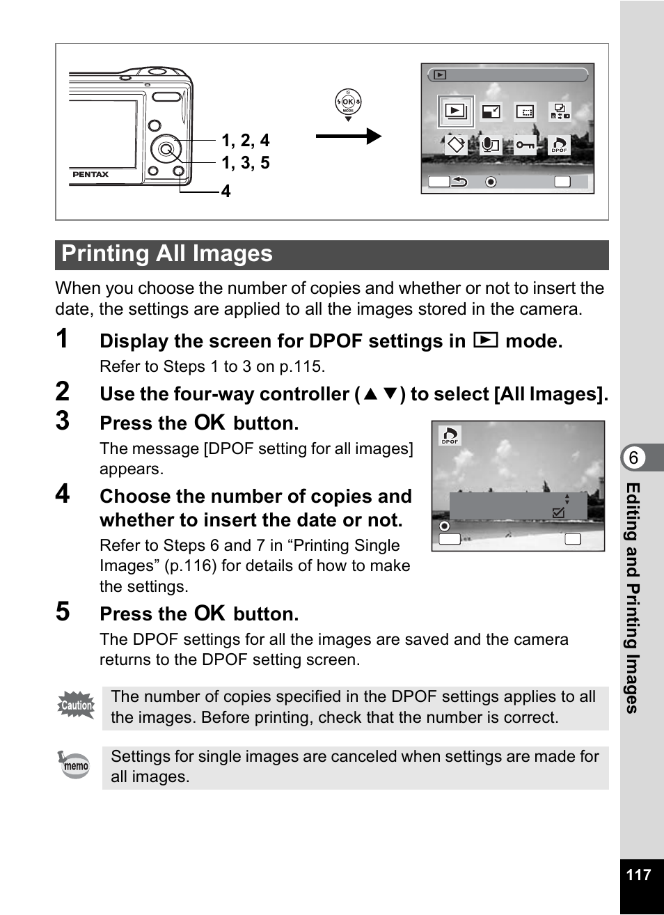 Printing all images, Display the screen for dpof settings in q mode, Press the 4 button | Pentax OPTIO M10 User Manual | Page 119 / 168