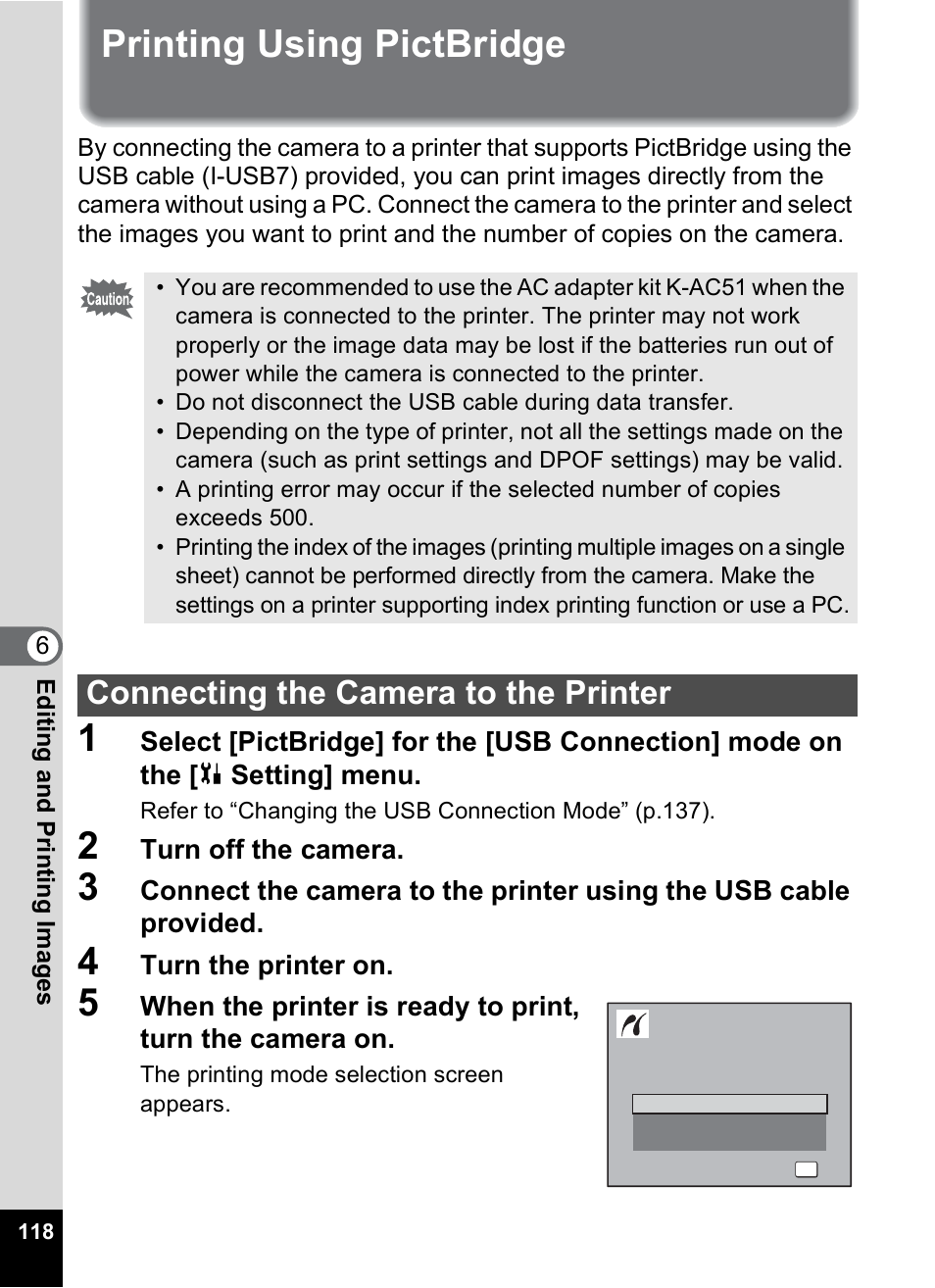 Printing using pictbridge, Connecting the camera to the printer | Pentax OPTIO M10 User Manual | Page 120 / 168
