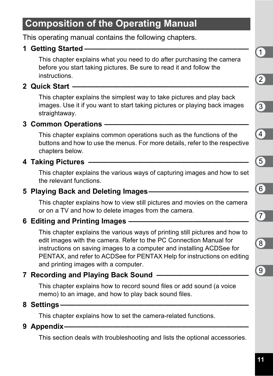 Composition of the operating manual | Pentax OPTIO M10 User Manual | Page 13 / 168