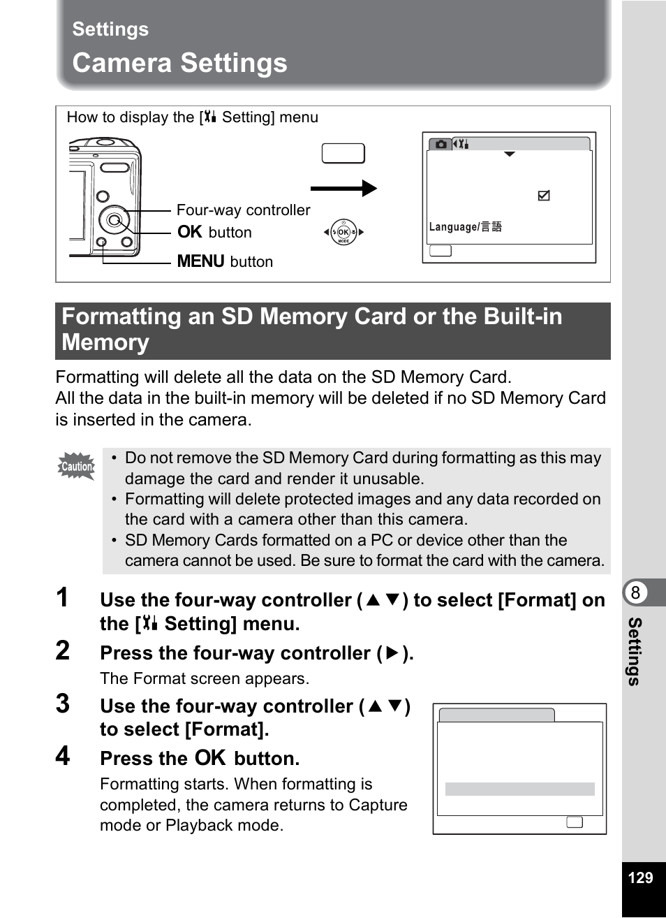 Settings, Camera settings, P.129 | Press the four-way controller ( 5 ), Press the 4 button | Pentax OPTIO M10 User Manual | Page 131 / 168