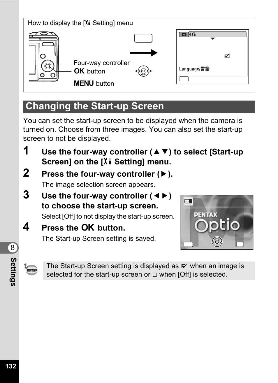 Changing the start-up screen, P.132, Press the four-way controller ( 5 ) | Press the 4 button | Pentax OPTIO M10 User Manual | Page 134 / 168