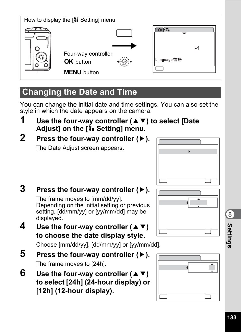 Changing the date and time, Changing the date, And time” (1p.133) | P.133, Press the four-way controller ( 5 ) | Pentax OPTIO M10 User Manual | Page 135 / 168