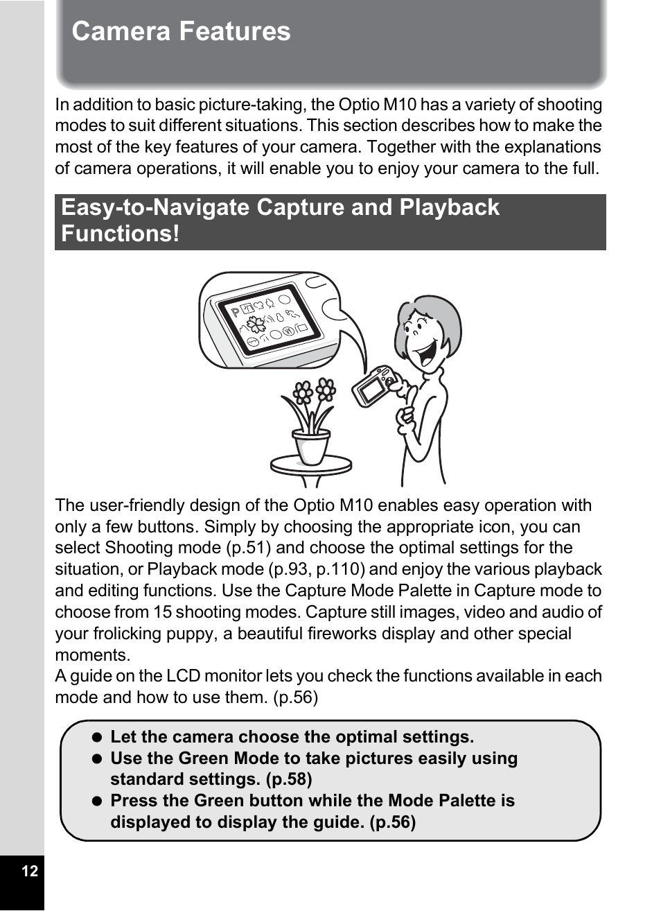 Camera features, Easy-to-navigate capture and playback functions | Pentax OPTIO M10 User Manual | Page 14 / 168
