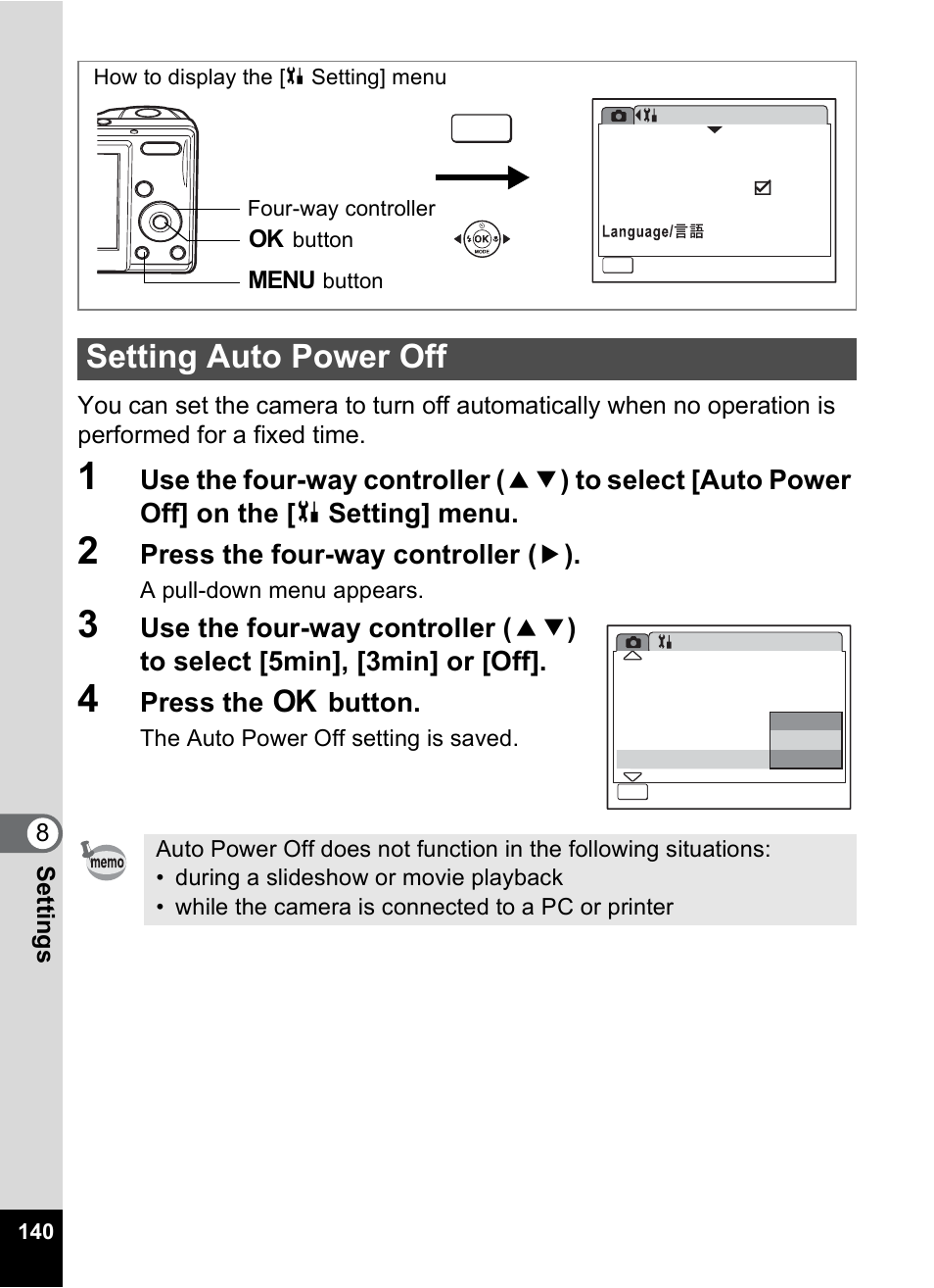 Setting auto power off, P.140, Press the four-way controller ( 5 ) | Press the 4 button | Pentax OPTIO M10 User Manual | Page 142 / 168