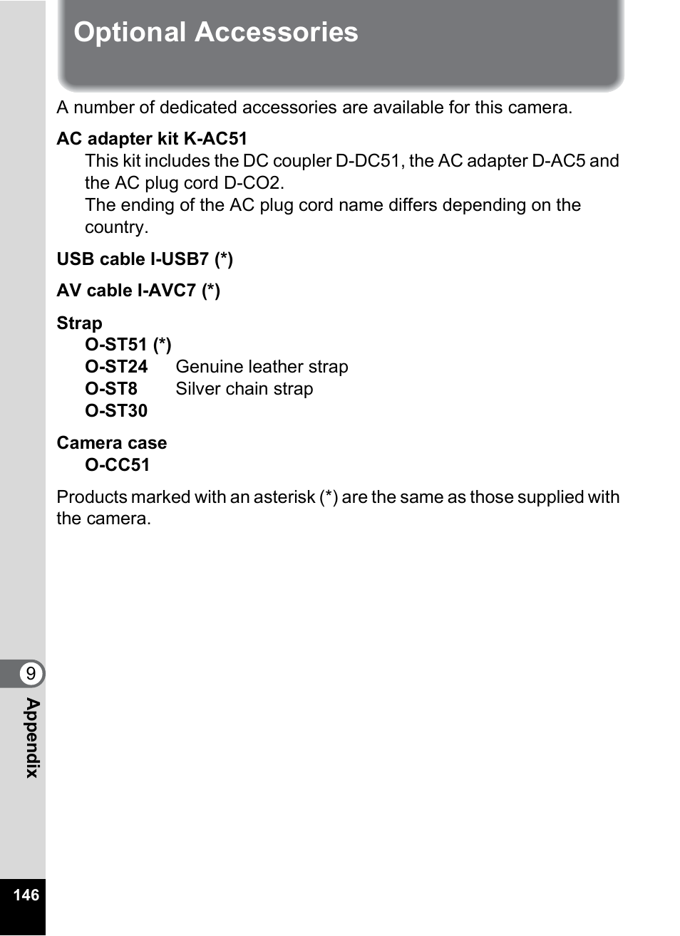Optional accessories | Pentax OPTIO M10 User Manual | Page 148 / 168