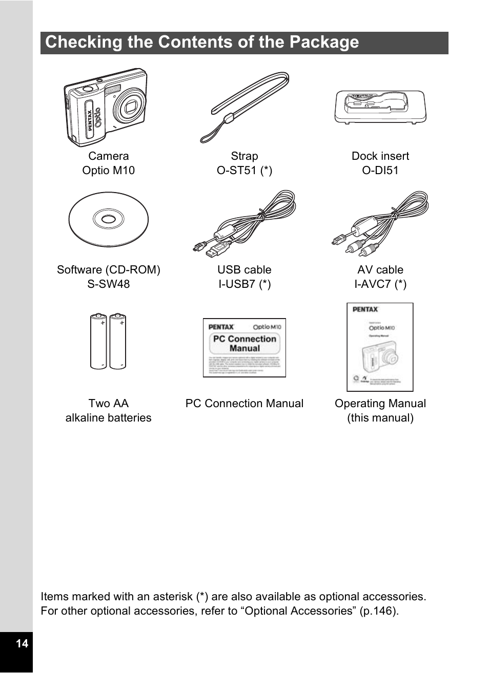 Checking the contents of the package | Pentax OPTIO M10 User Manual | Page 16 / 168