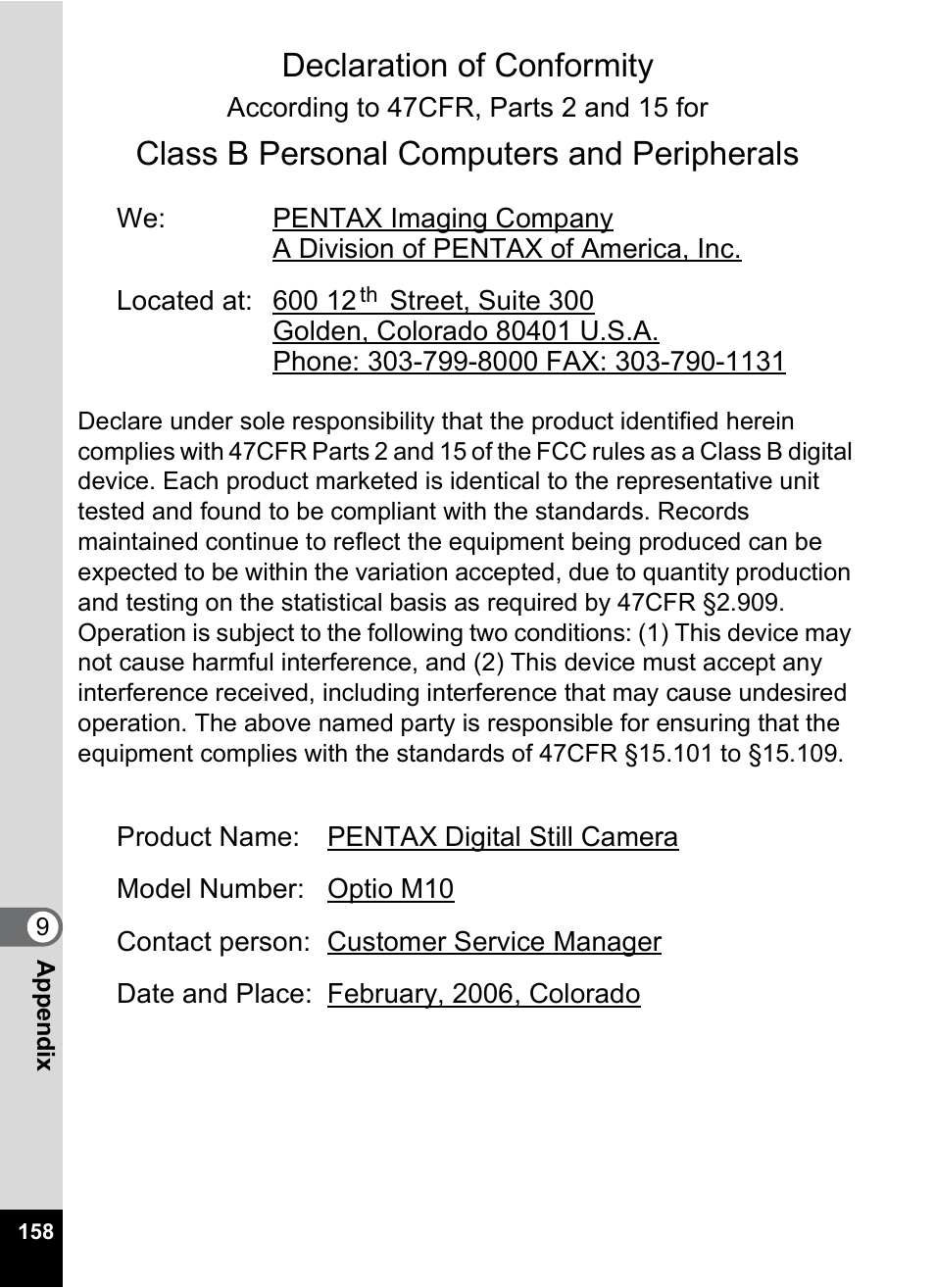 Declaration of conformity, Class b personal computers and peripherals | Pentax OPTIO M10 User Manual | Page 160 / 168