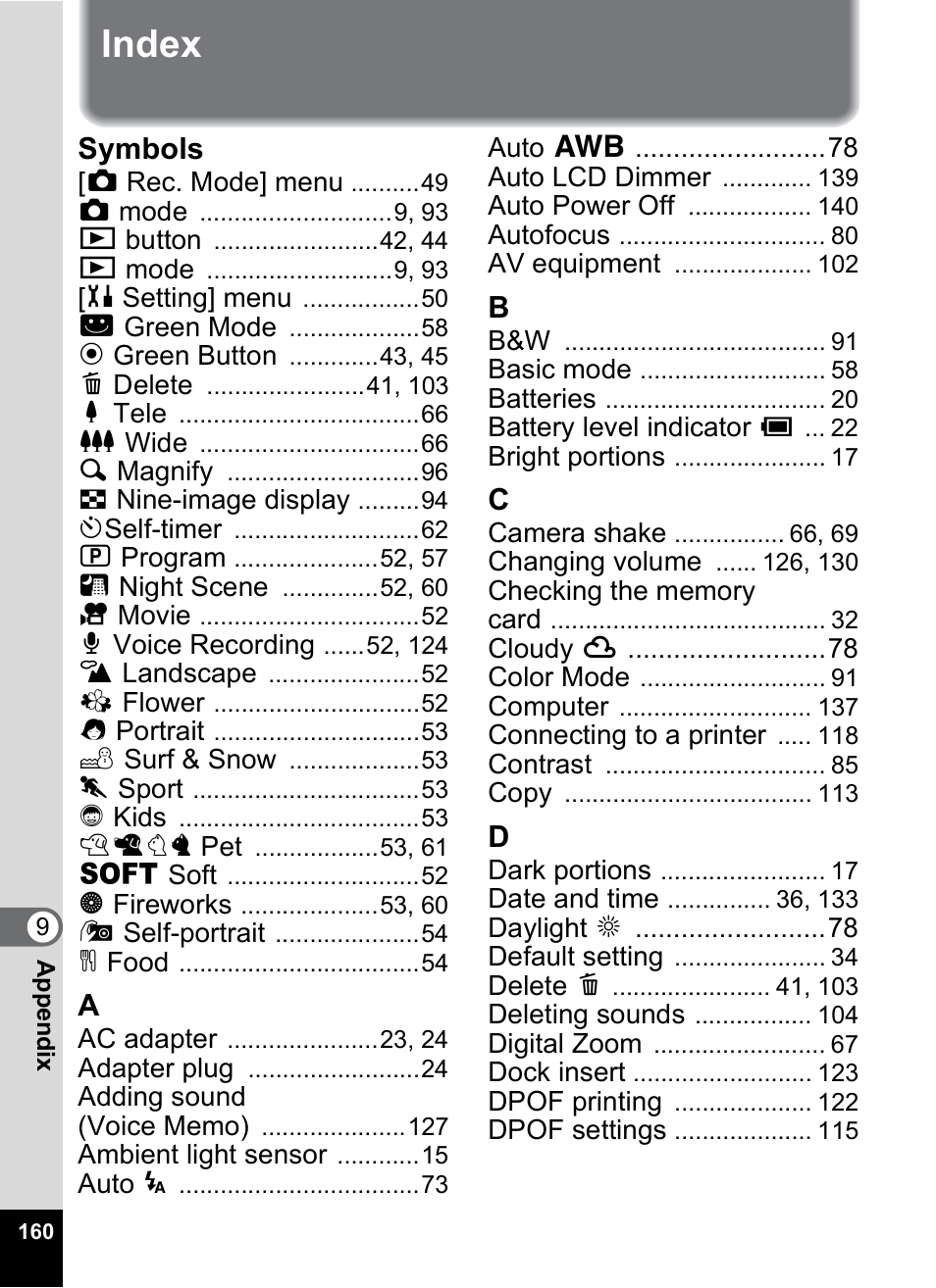 Index, Symbols | Pentax OPTIO M10 User Manual | Page 162 / 168