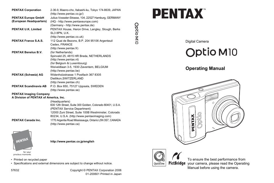 Operating manual, Digital camera | Pentax OPTIO M10 User Manual | Page 168 / 168