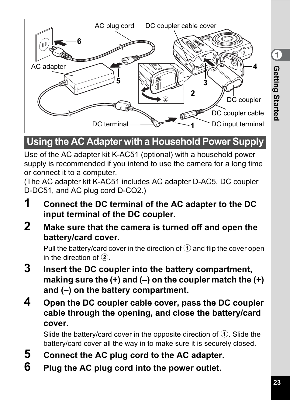 Using the ac adapter with a household power supply | Pentax OPTIO M10 User Manual | Page 25 / 168