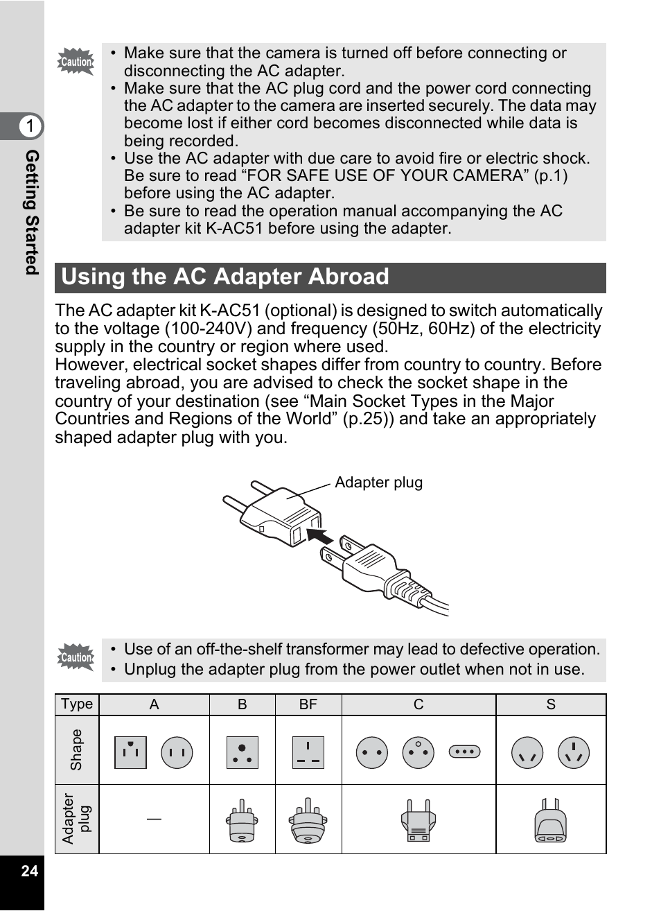 Using the ac adapter abroad | Pentax OPTIO M10 User Manual | Page 26 / 168