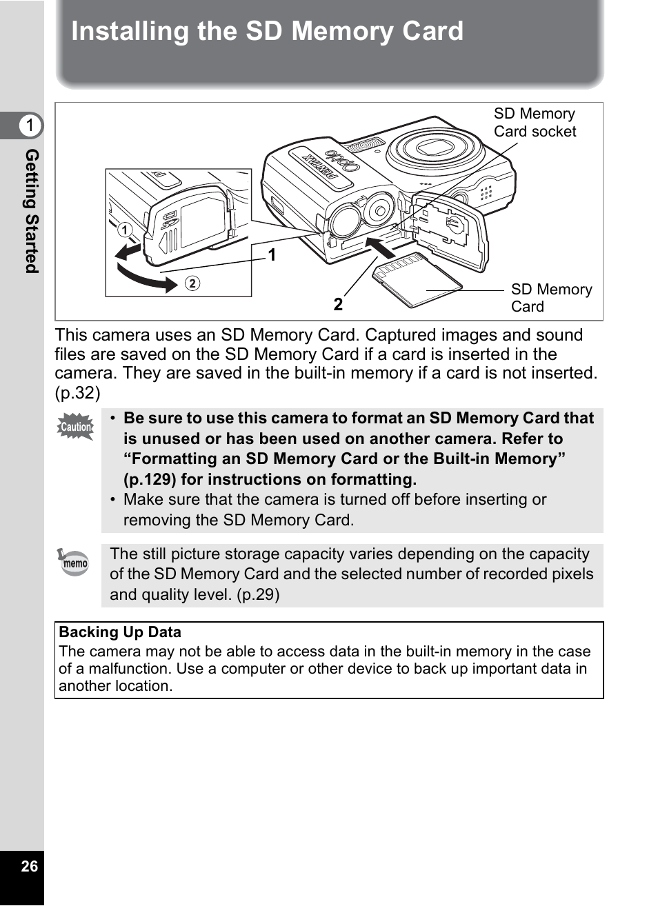 Installing the sd memory card | Pentax OPTIO M10 User Manual | Page 28 / 168