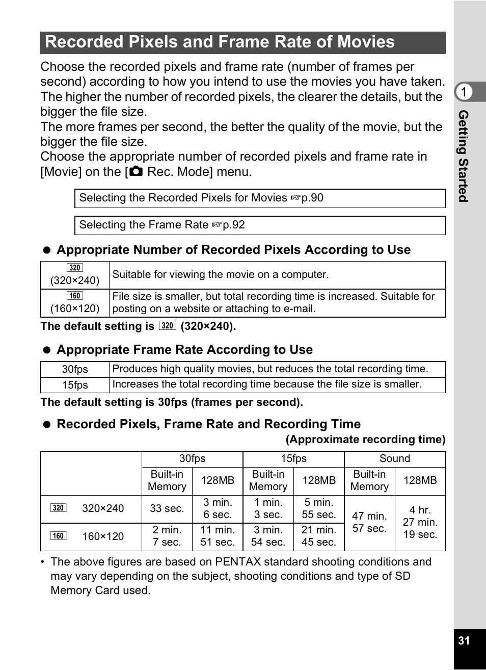 Recorded pixels and frame rate of movies, Appropriate frame rate according to use, Recorded pixels, frame rate and recording time | Pentax OPTIO M10 User Manual | Page 33 / 168