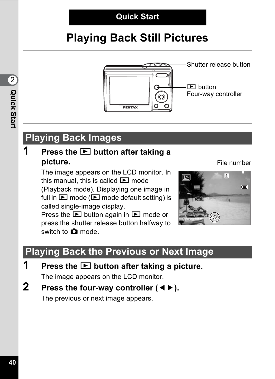 Playing back still pictures, Playing back images, Playing back the previous or next image | Playing back still pictures 1 | Pentax OPTIO M10 User Manual | Page 42 / 168