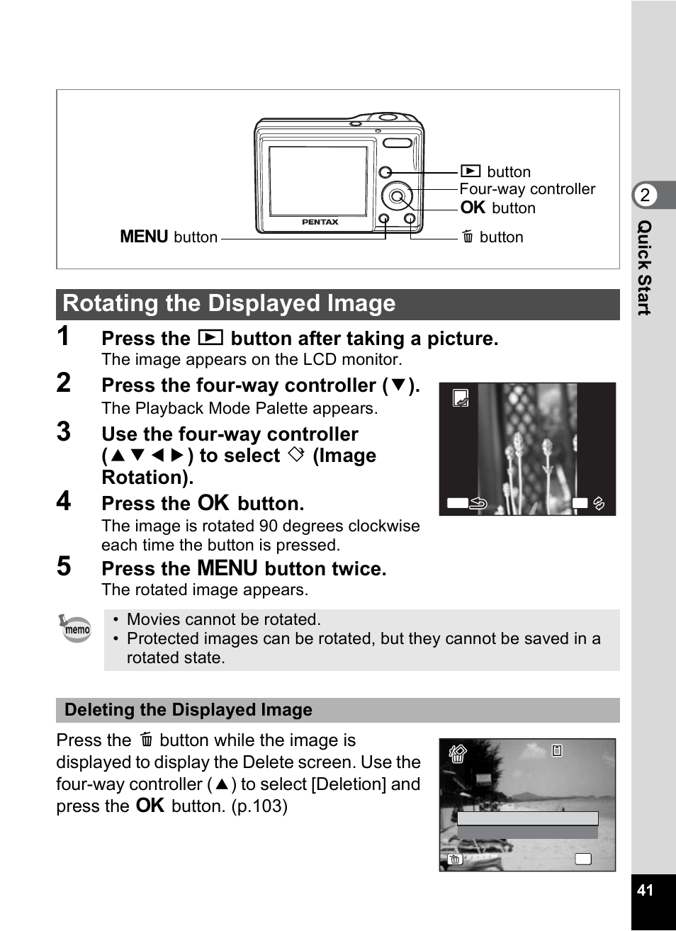 Rotating the displayed image, Press the q button after taking a picture, Press the four-way controller ( 3 ) | Press the 4 button, Press the 3 button twice | Pentax OPTIO M10 User Manual | Page 43 / 168