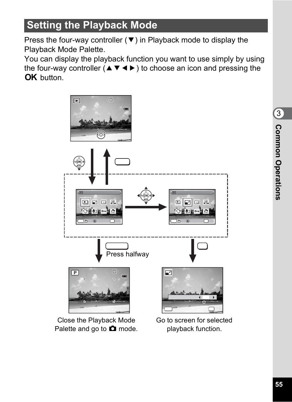 Setting the playback mode, P.55), Shutter ok menu | Pentax OPTIO M10 User Manual | Page 57 / 168