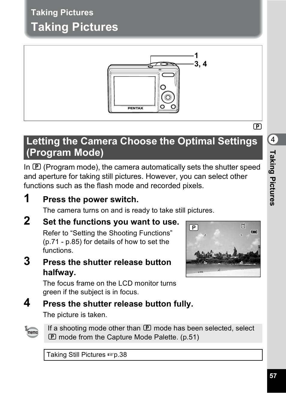 Taking pictures, P.57 | Pentax OPTIO M10 User Manual | Page 59 / 168