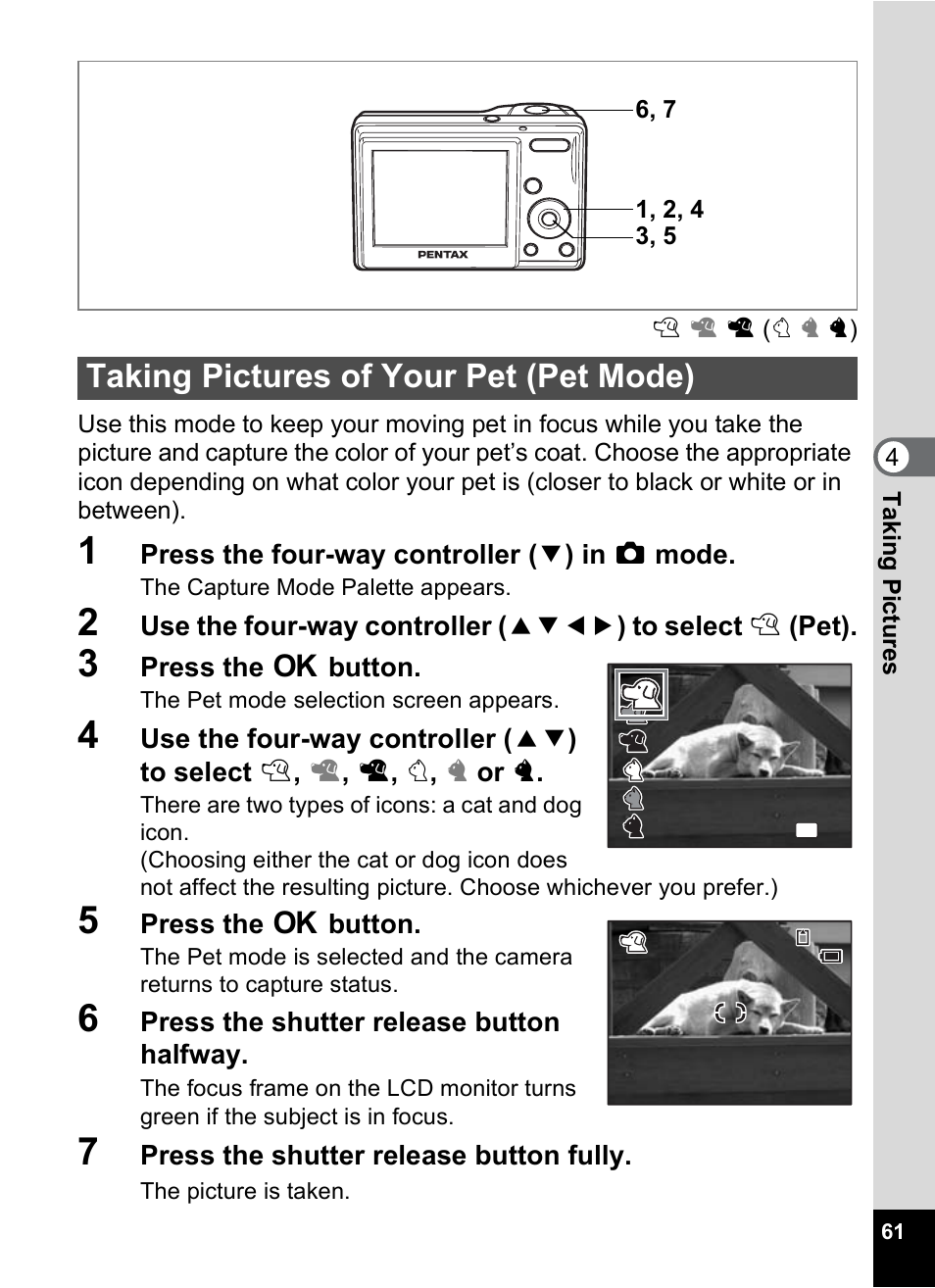 Taking pictures of your pet (pet mode) | Pentax OPTIO M10 User Manual | Page 63 / 168