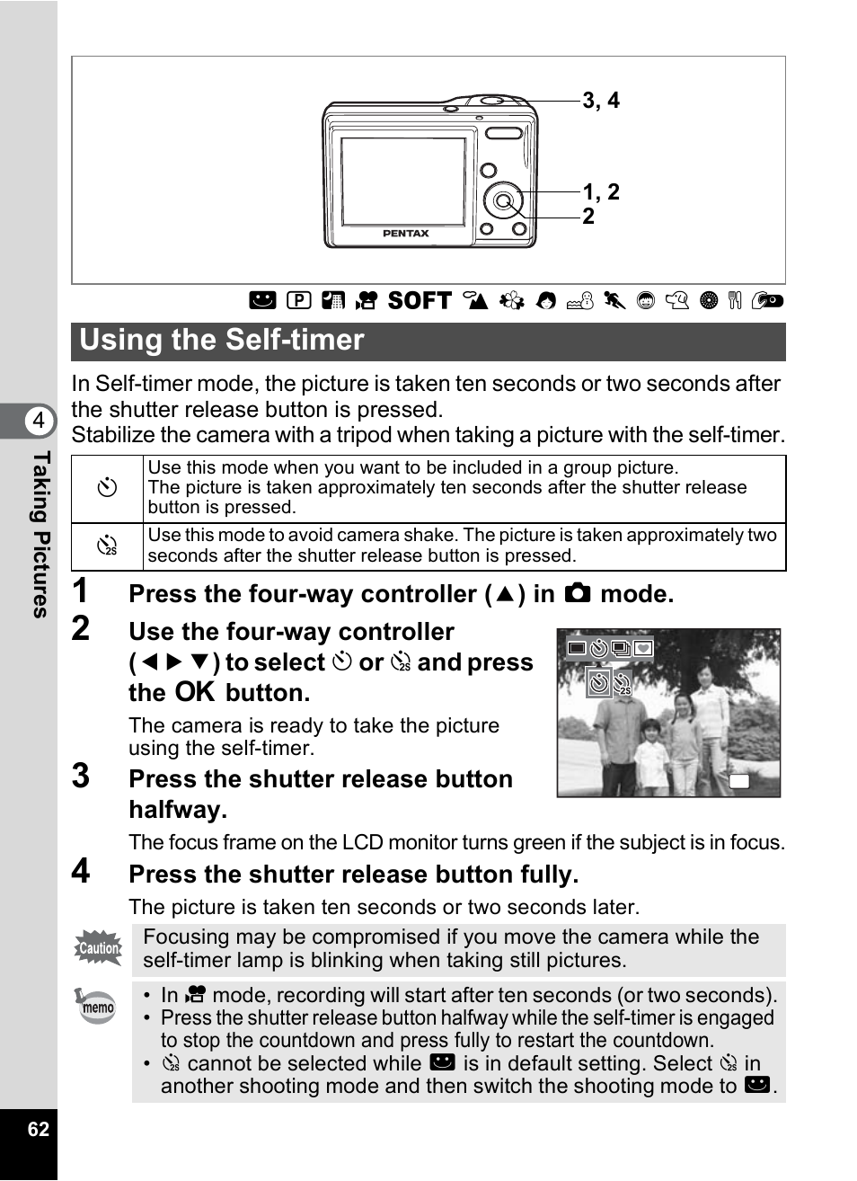 Using the self-timer, P.62 | Pentax OPTIO M10 User Manual | Page 64 / 168