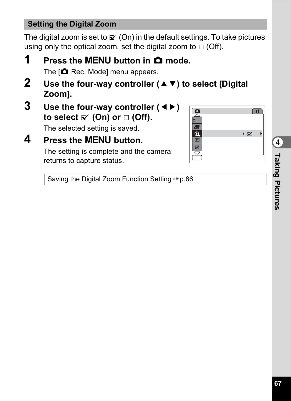 P.67, Press the 3 button in a mode, Press the 3 button | Pentax OPTIO M10 User Manual | Page 69 / 168