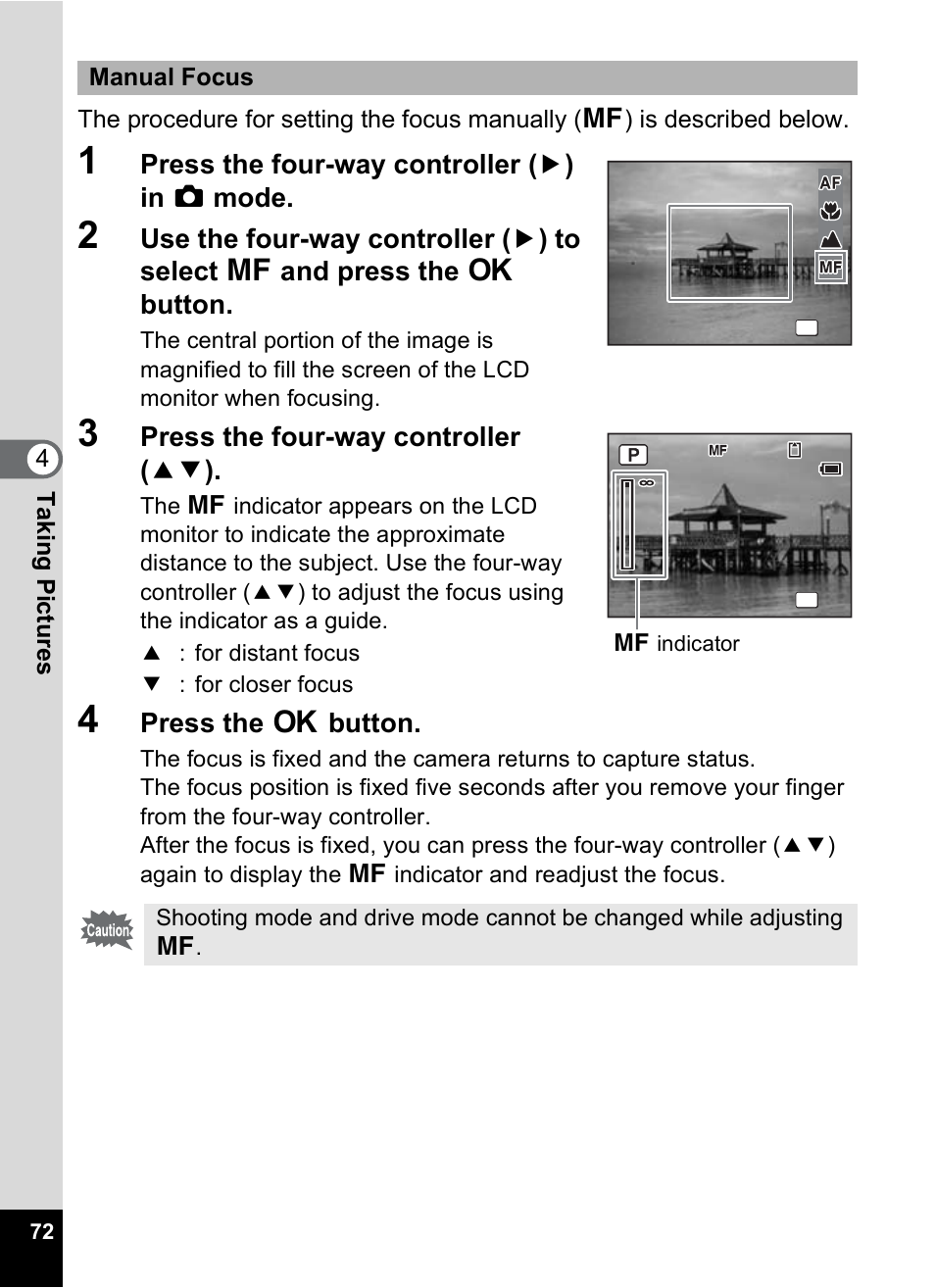 P.72, Press the four-way controller ( 5 ) in a mode, Press the four-way controller ( 23 ) | Press the 4 button, Manual focus | Pentax OPTIO M10 User Manual | Page 74 / 168