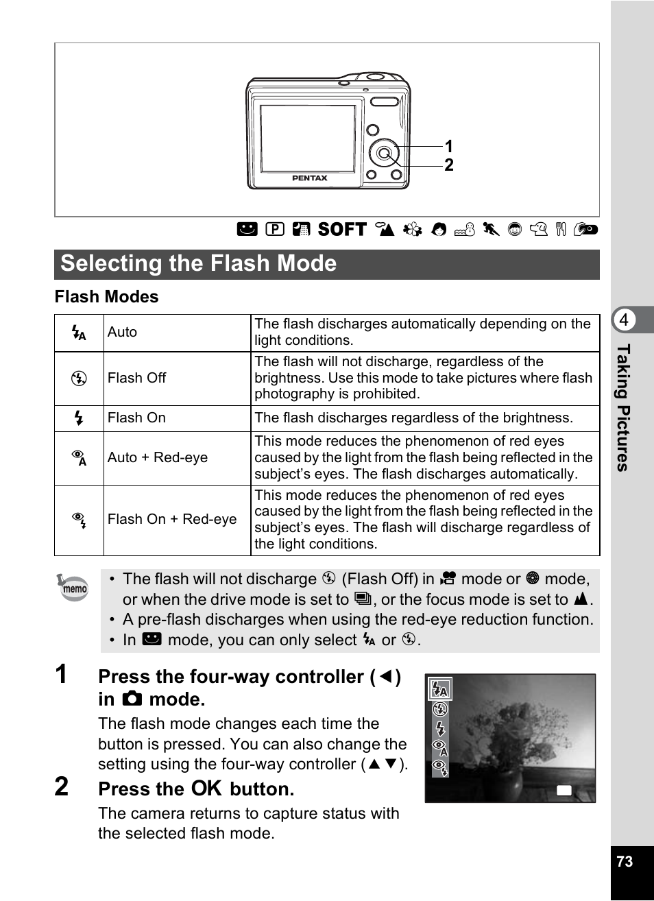 Selecting the flash mode, P.73), Press the four-way controller ( 4 ) in a mode | Press the 4 button | Pentax OPTIO M10 User Manual | Page 75 / 168