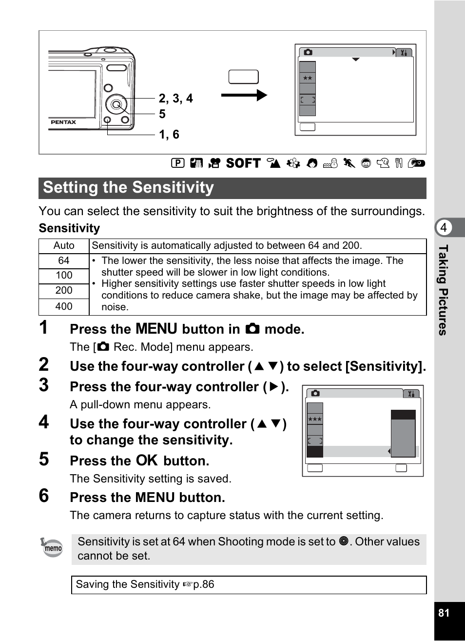 Setting the sensitivity, Y (p.81), P.81) | P.81, Press the 3 button in a mode, Press the four-way controller ( 5 ), Press the 4 button, Press the menu button | Pentax OPTIO M10 User Manual | Page 83 / 168