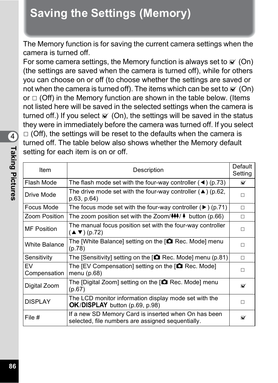 Saving the settings (memory), P.86, 4tak ing pi cture s | Pentax OPTIO M10 User Manual | Page 88 / 168