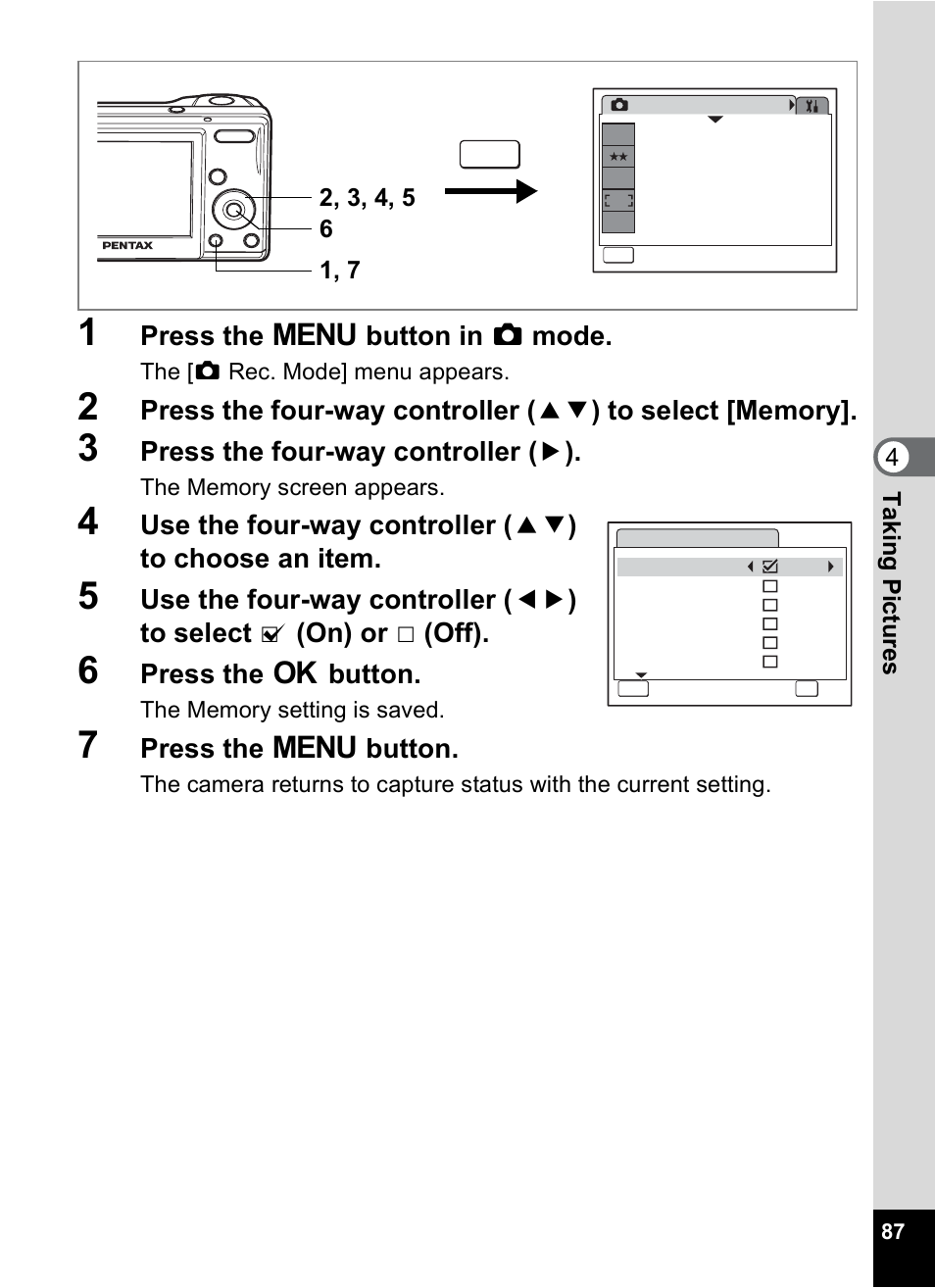 Press the 3 button in a mode, Press the four-way controller ( 5 ), Press the 4 button | Press the 3 button | Pentax OPTIO M10 User Manual | Page 89 / 168