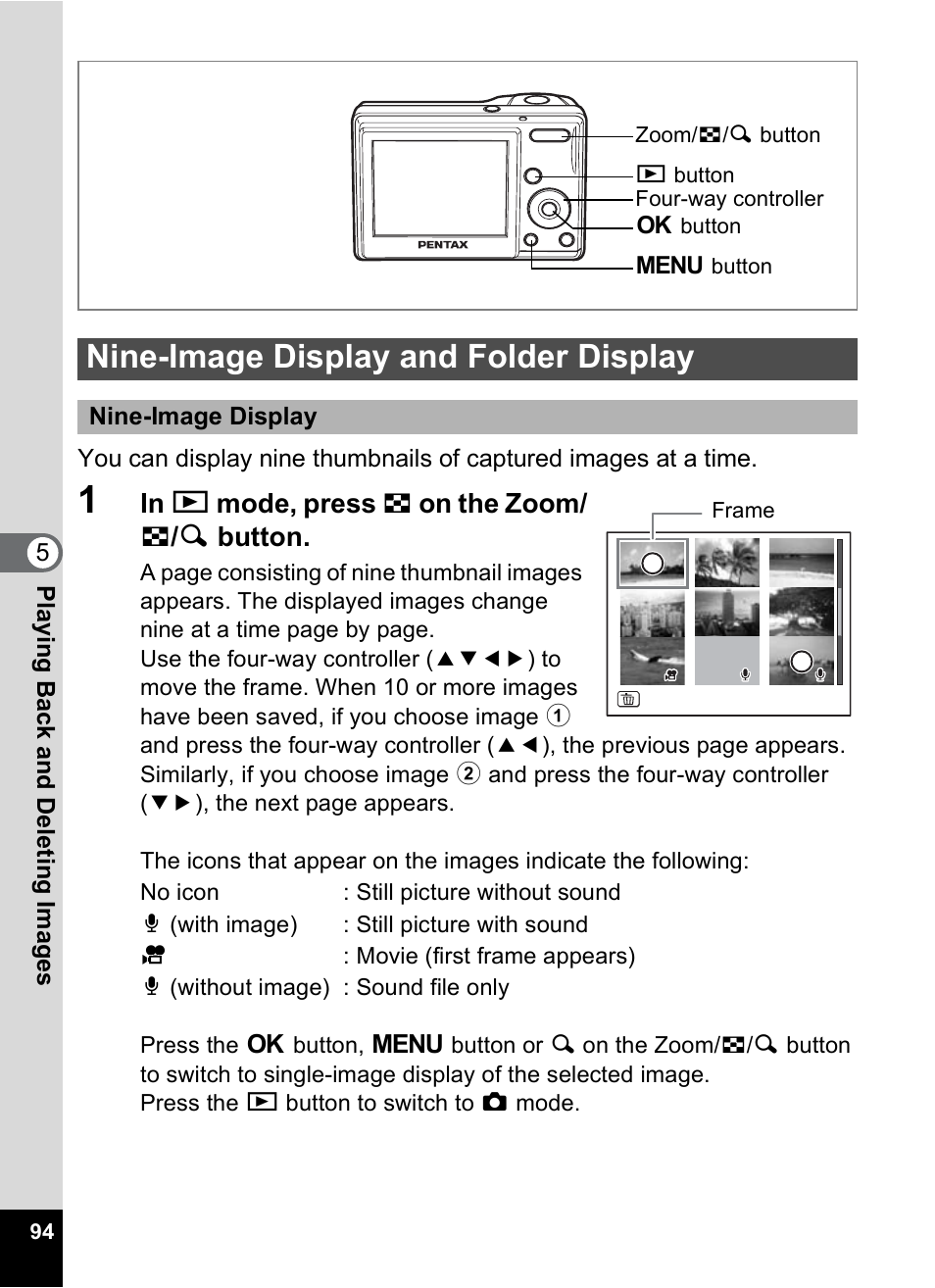 Nine-image display and folder display, P.94), P.94 | Pentax OPTIO M10 User Manual | Page 96 / 168