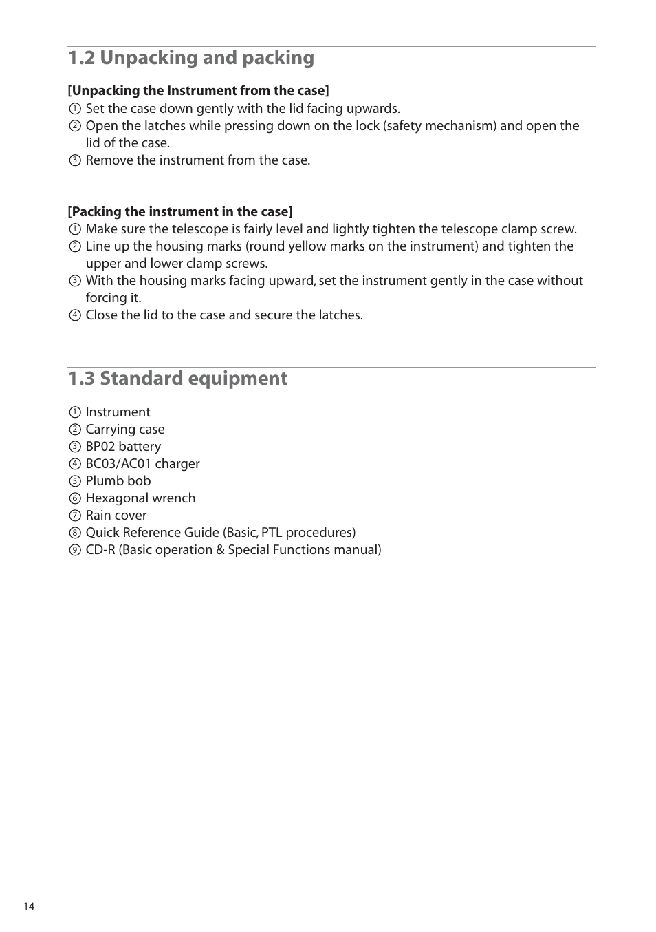 2 unpacking and packing, 3 standard equipment | Pentax R-315EX(NX) User Manual | Page 14 / 80
