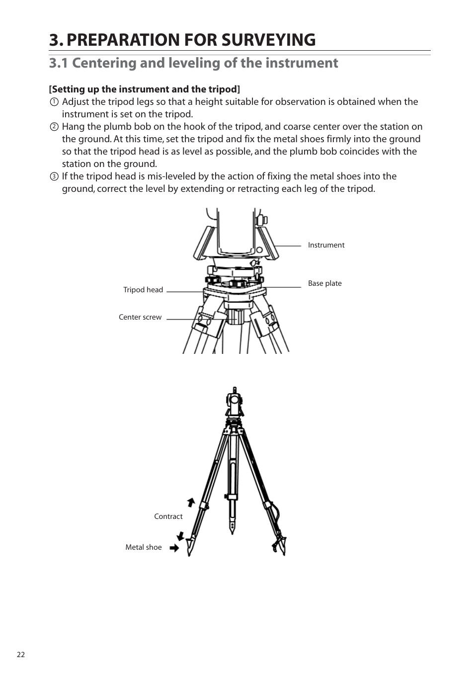 Preparation for surveying, 1 centering and leveling of the instrument | Pentax R-315EX(NX) User Manual | Page 22 / 80