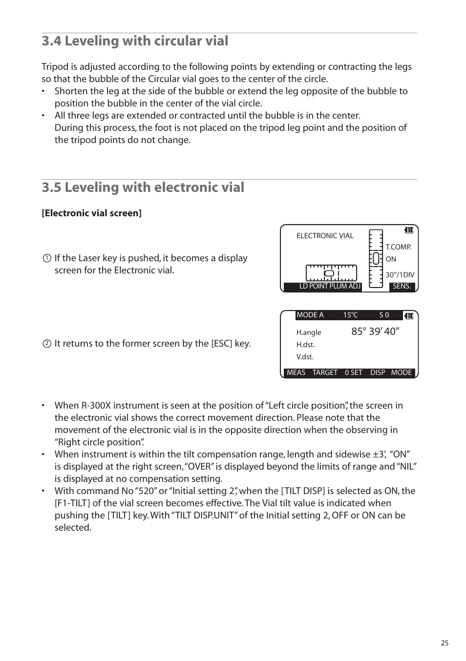 4 leveling with circular vial, 5 leveling with electronic vial | Pentax R-315EX(NX) User Manual | Page 25 / 80