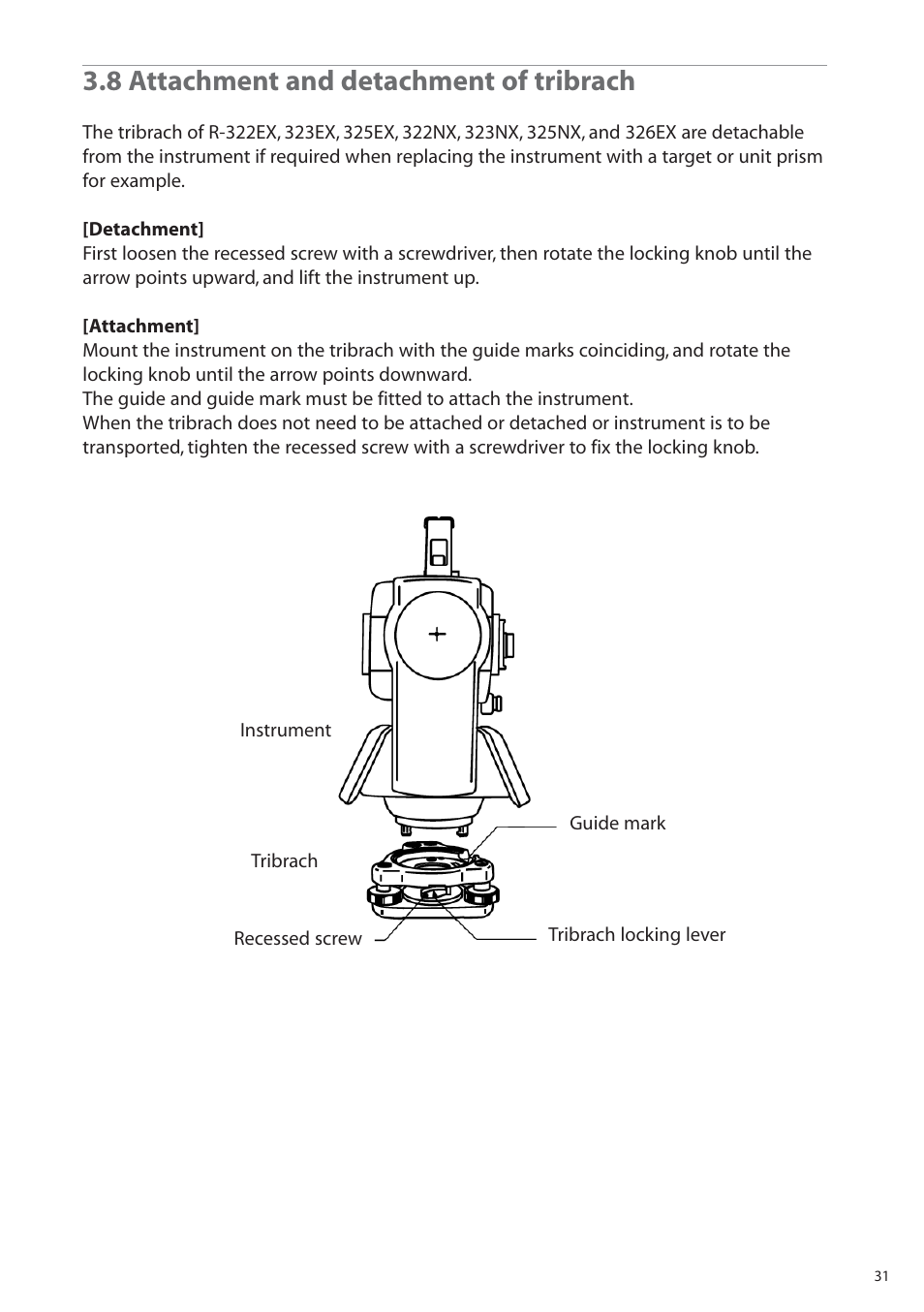 8 attachment and detachment of tribrach | Pentax R-315EX(NX) User Manual | Page 31 / 80