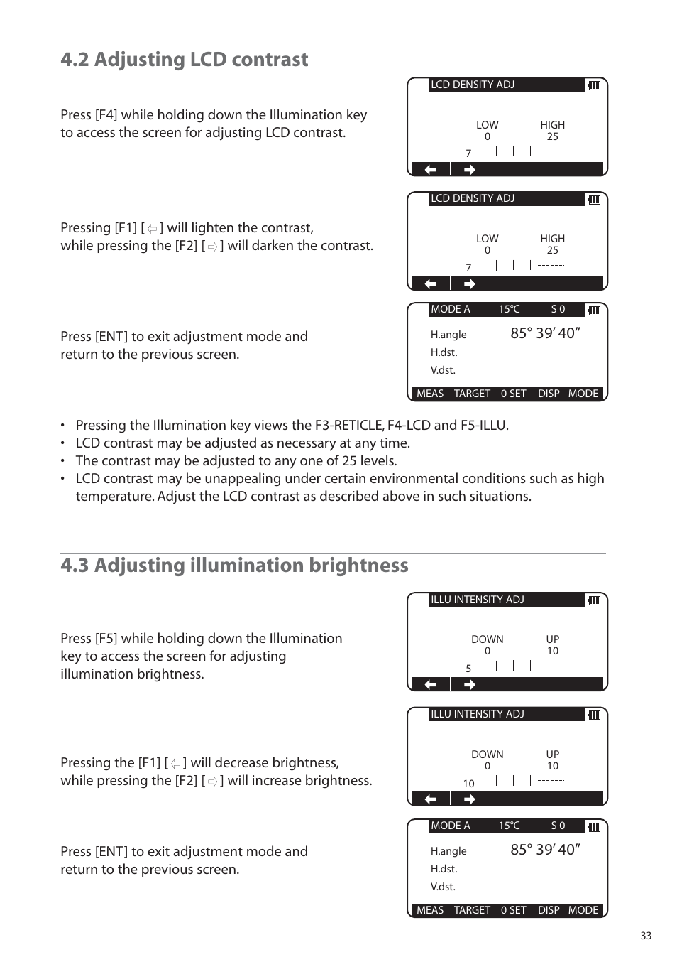 2 adjusting lcd contrast, 3 adjusting illumination brightness | Pentax R-315EX(NX) User Manual | Page 33 / 80