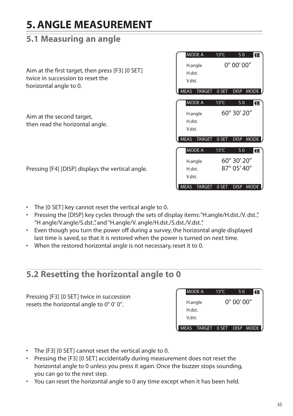 Angle measurement, 1 measuring an angle, 2 resetting the horizontal angle to 0 | Pentax R-315EX(NX) User Manual | Page 35 / 80